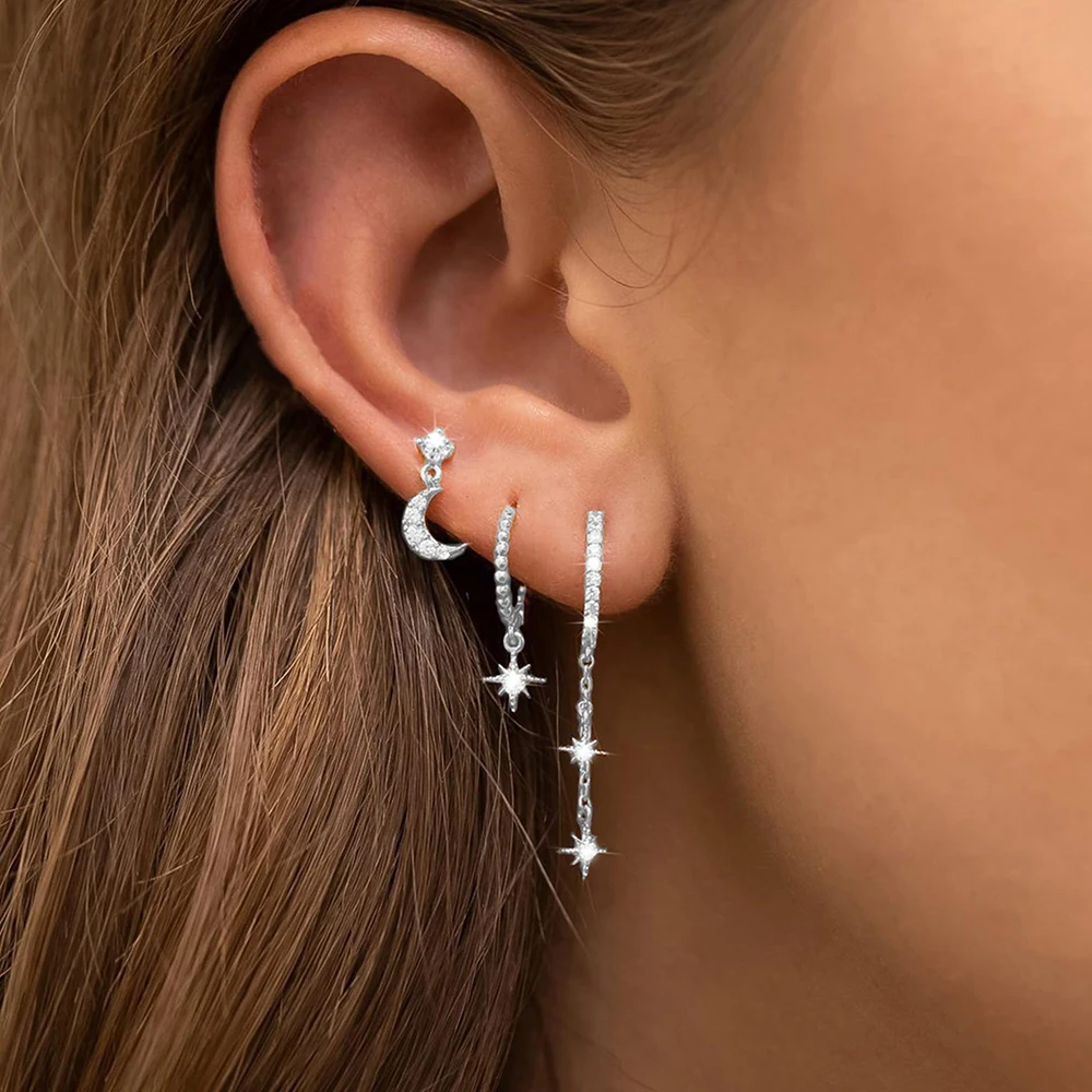 3 szt. Zestaw nowa gwiazda księżyc chrząstka kolczyki do piercingu cyrkonia wisiorek ze stali nierdzewnej łańcuszek Hoop kolczyk Piercing biżuteria — zdjęcie 3