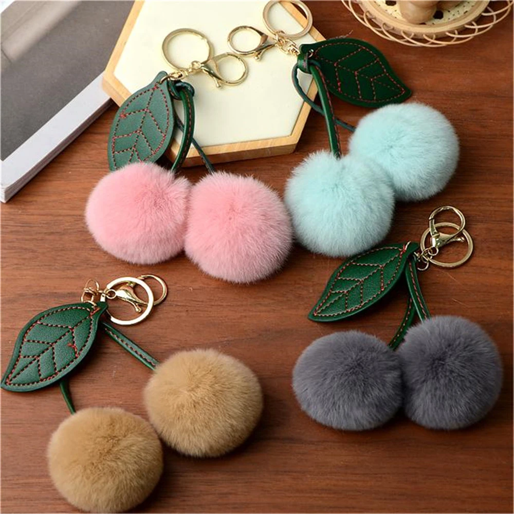 Cute Otter Rabbit Hair Cherry Bag Pendent Multi-color Car Keychain Pendant Doll Hanging Decoration Bag Charm for Women Gift