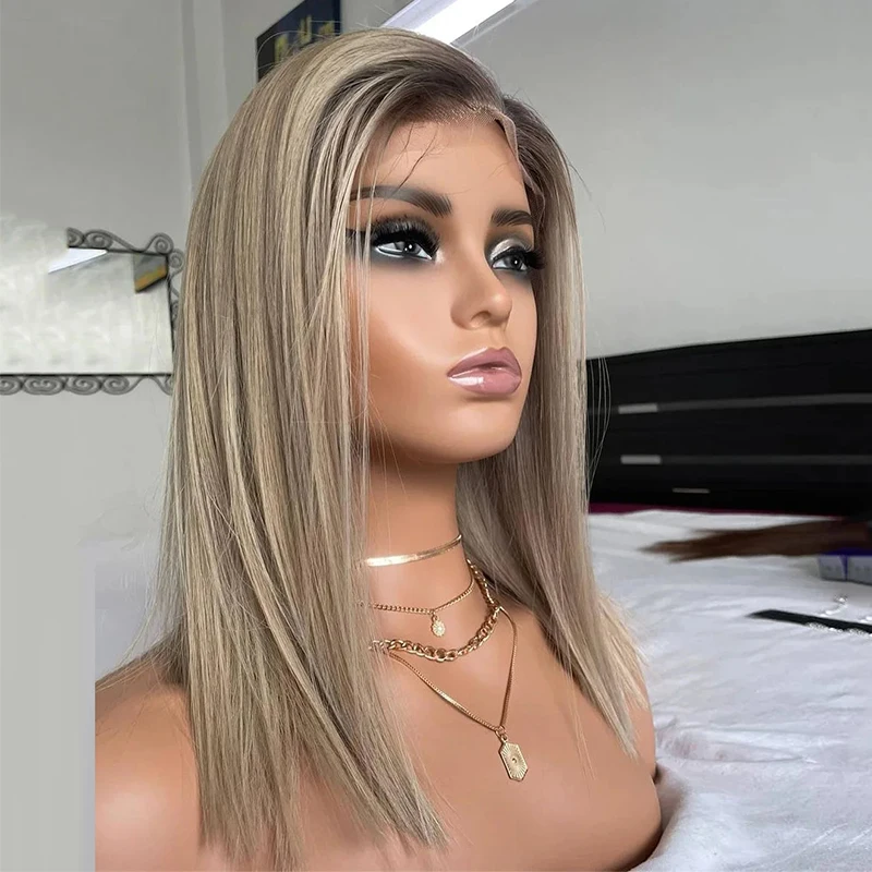 Short Ash Grey Blonde Bob Wigs for White Women Ombre Blonde Wig with Brown Roots Straight Heat Synthetic Daily Party Wig 16 inch