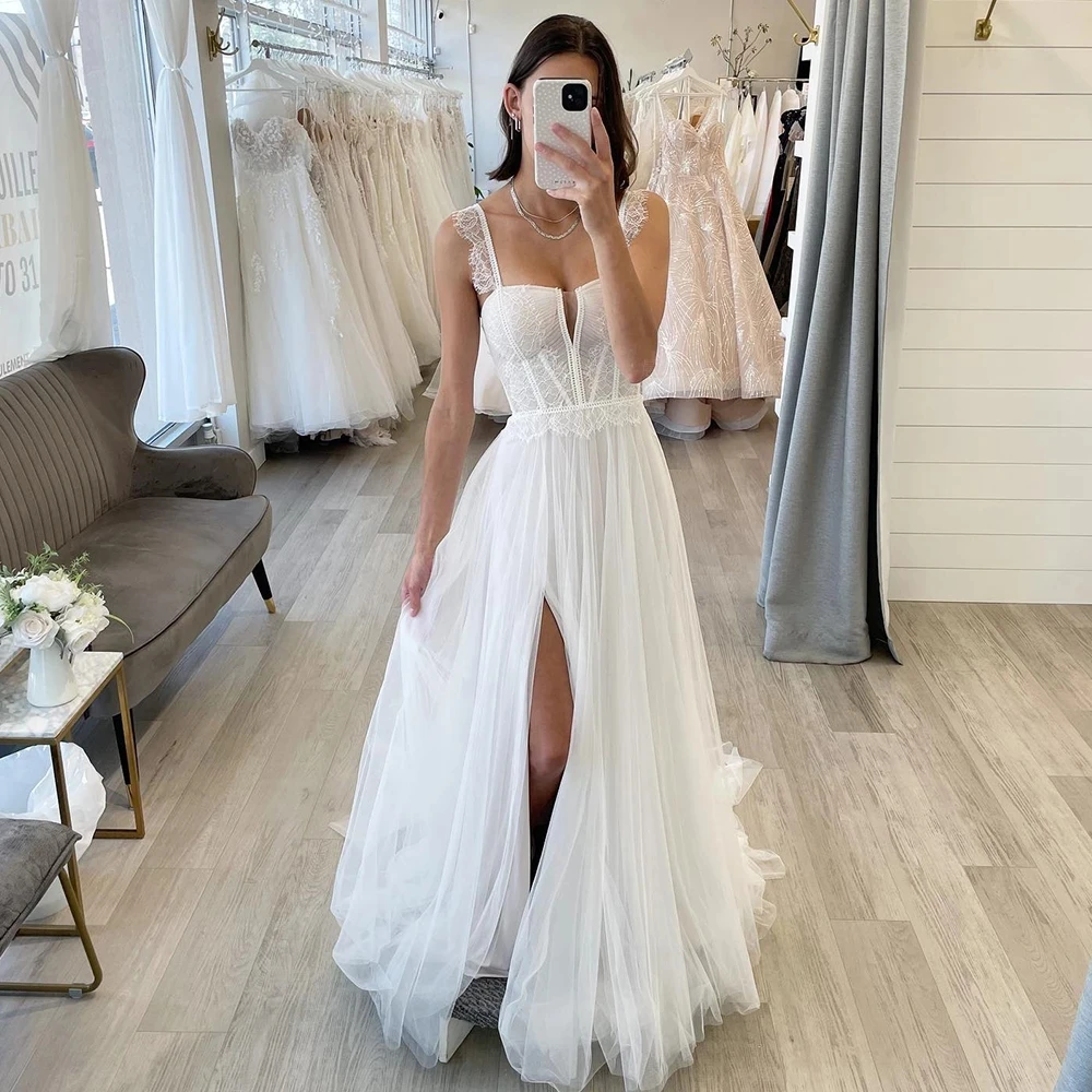 Eenvoudige Trouwjurken Sweetheart Boho Lange Bruidsjurken Sexy Side Split Tulle Elegante Bruid Jurk Vestidos De Novia