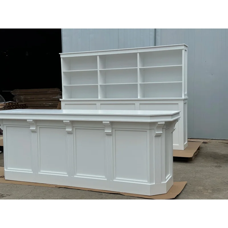 custom.Portable White Wedding Bar Counter with Storage Shelves Outdoor Event Reception and Hotel Beverage Service