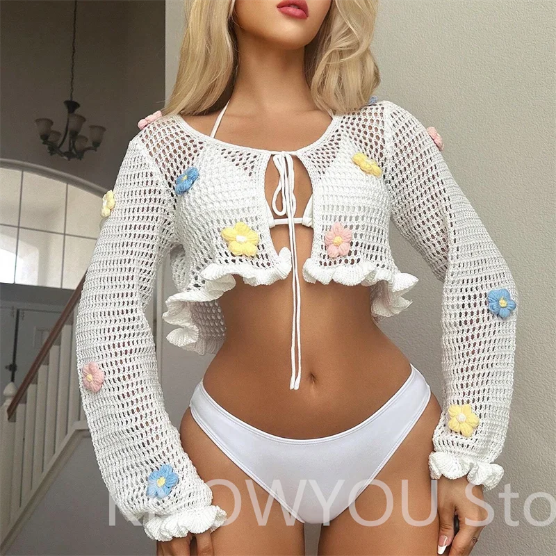 2025 New Beach Wear Women's Casual 3D Floral Decor Hollow Out Knitted Short Covers Up White Hollow Out Knit Bikini Coat