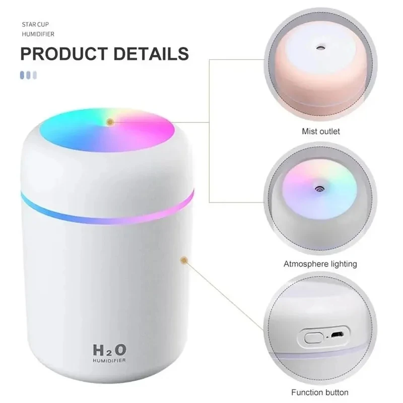 300ml Humidifier Portable USB Ultrasonic Colorful Cup Aroma Diffuser Cool Mist Maker Air Humidifier Purifier With Light For Car