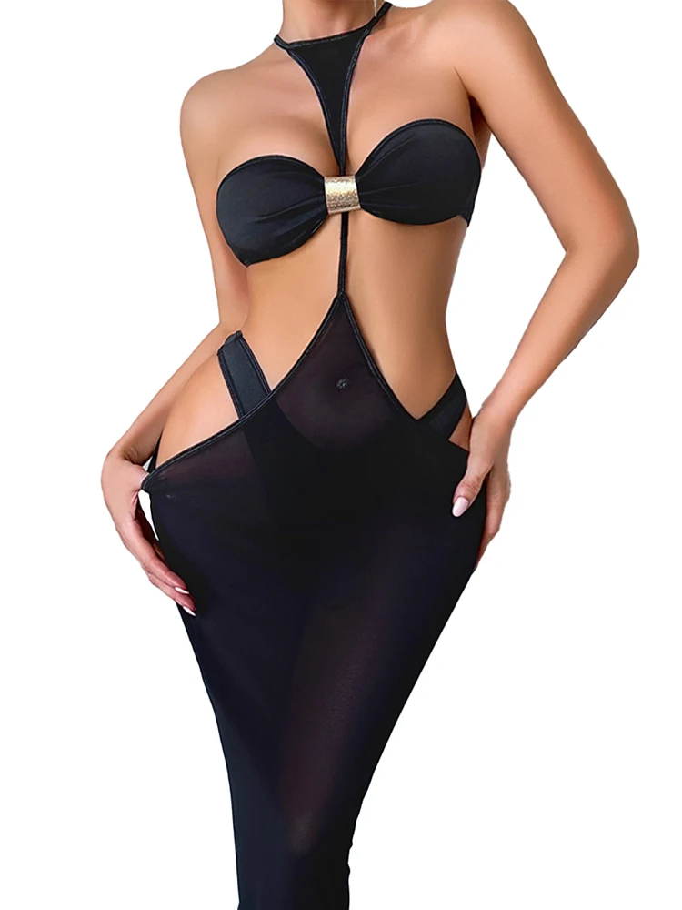 Belamimi Sexy Low Waist Hollow Out Halter Bandeau Bodycon Dress Slim Shaping Lingerie Women Intimate Club Bar Night Party Outfit