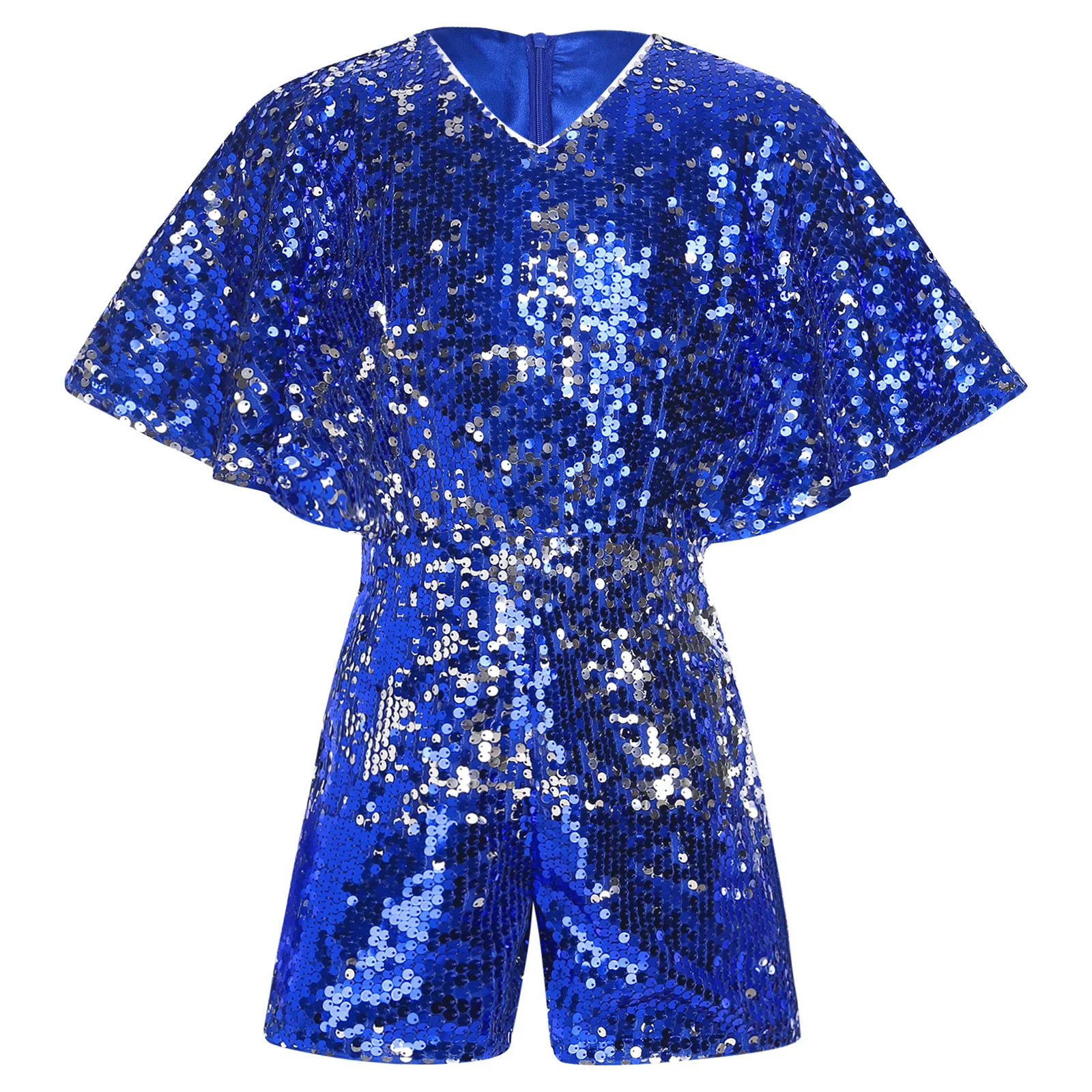 Kids Girls Shiny Sequin Jazz Dance Bodysuit V-Neck Cap Sleeve Rompers Jumpsuit for Birthday Party Pageant Prom Stage Performance