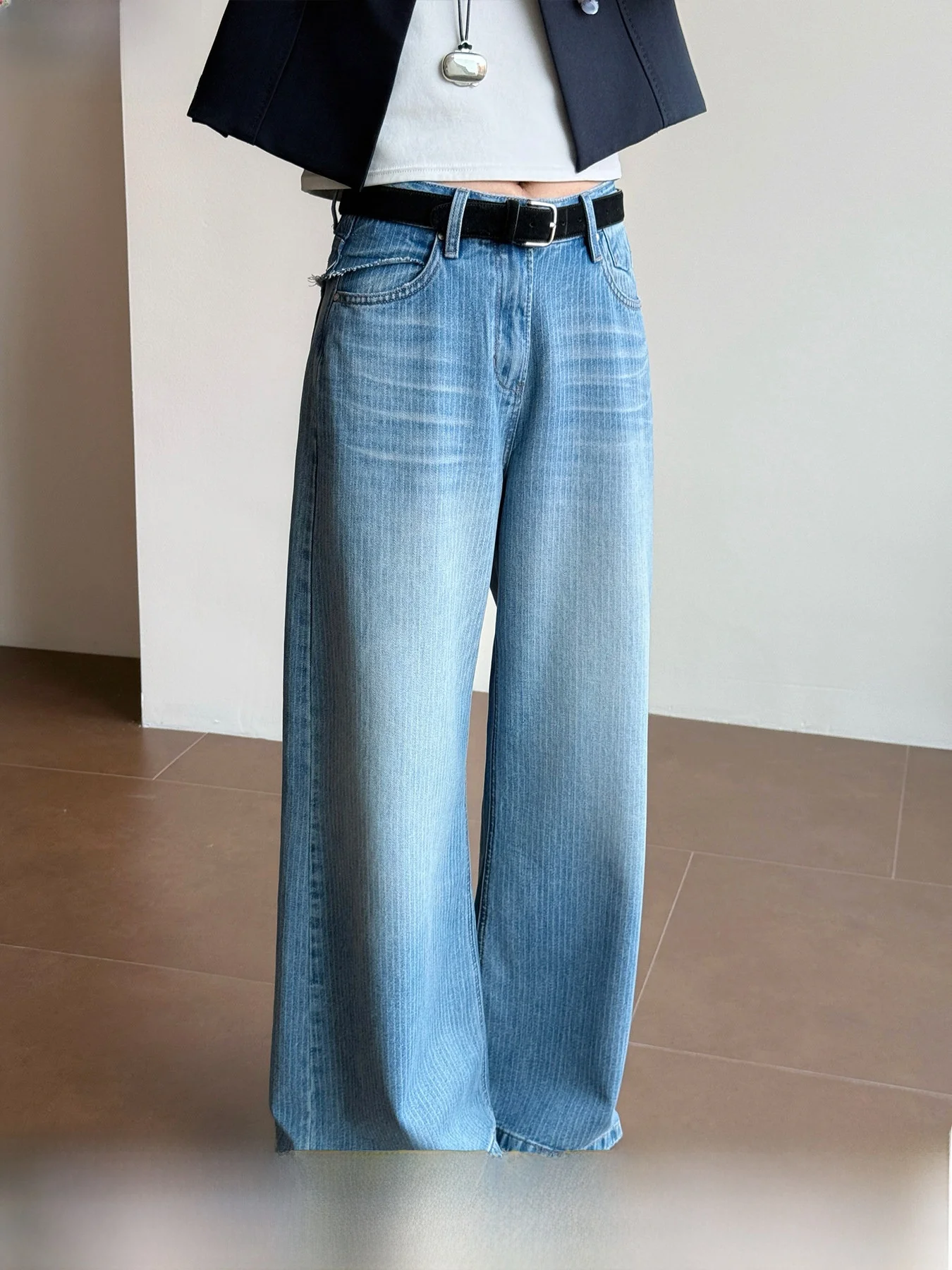

Tasyavan Stylish Wide Leg Loose Fit Denim Pants Retro Bamboo Pattern Fake Two-Piece Chic Ladies Winter Fashion Jeans