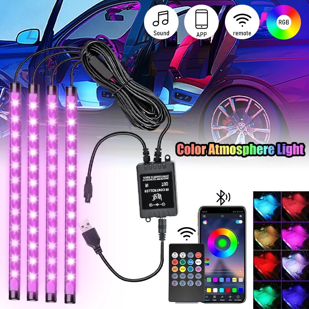 RGB 48 LED Lights Car Interior Car Ambient Lights RBG 7 Color Decoration Atmosphere Strip Light Remote App Music Control Lamp