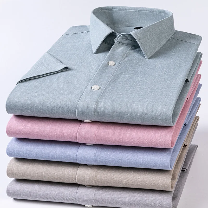 Hight quality solid color Linen cotton short sleeve shirts for men slim fit formal shirt soft thin anti-wrinkle office clothes
