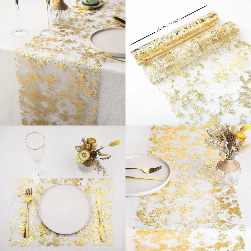 

Блестящая металлическая золотая тонкая сетчатая дорожка для стола, 11 дюймов x 100 футов, для свадеб, детских душа, вечеринок по случаю дня рождения
