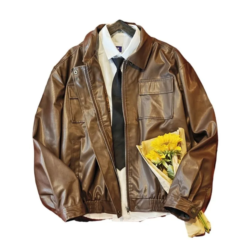 Trendy American PU Biker Jacket for Men Short Loose Fitting Streetwear Coat Vintage Motorcycle Style with Adjustable Hood Zipper