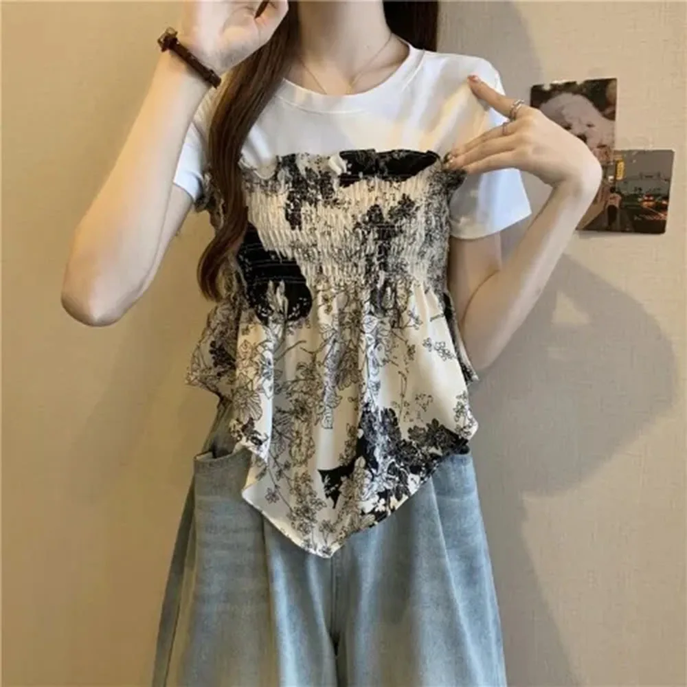 Summer Chic Patchwork Short Sleeve Tees Women's Fashion Vintage Print Woman T-shirt Elegant Oversize Loose Irregular Tops Ladies