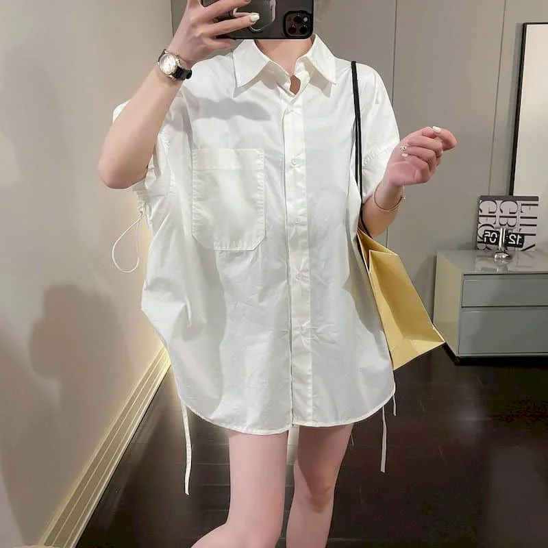 Cotton Shirts for Women Short Sleeve Polo-neck Casual Summer Single Breasted Korean Style Oversized One Piece Blouse Women Tops