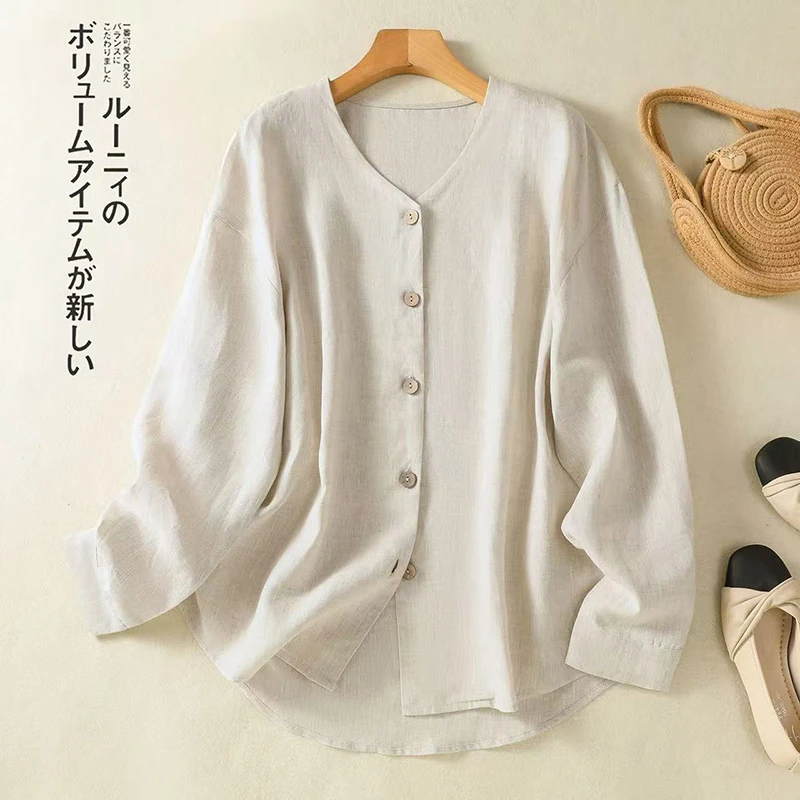 

Basics Solid Blouse Spring Summer Casual V-neck Cardigan Shirt 2025 Women Versatile Loose Long Sleeve Top Literary
