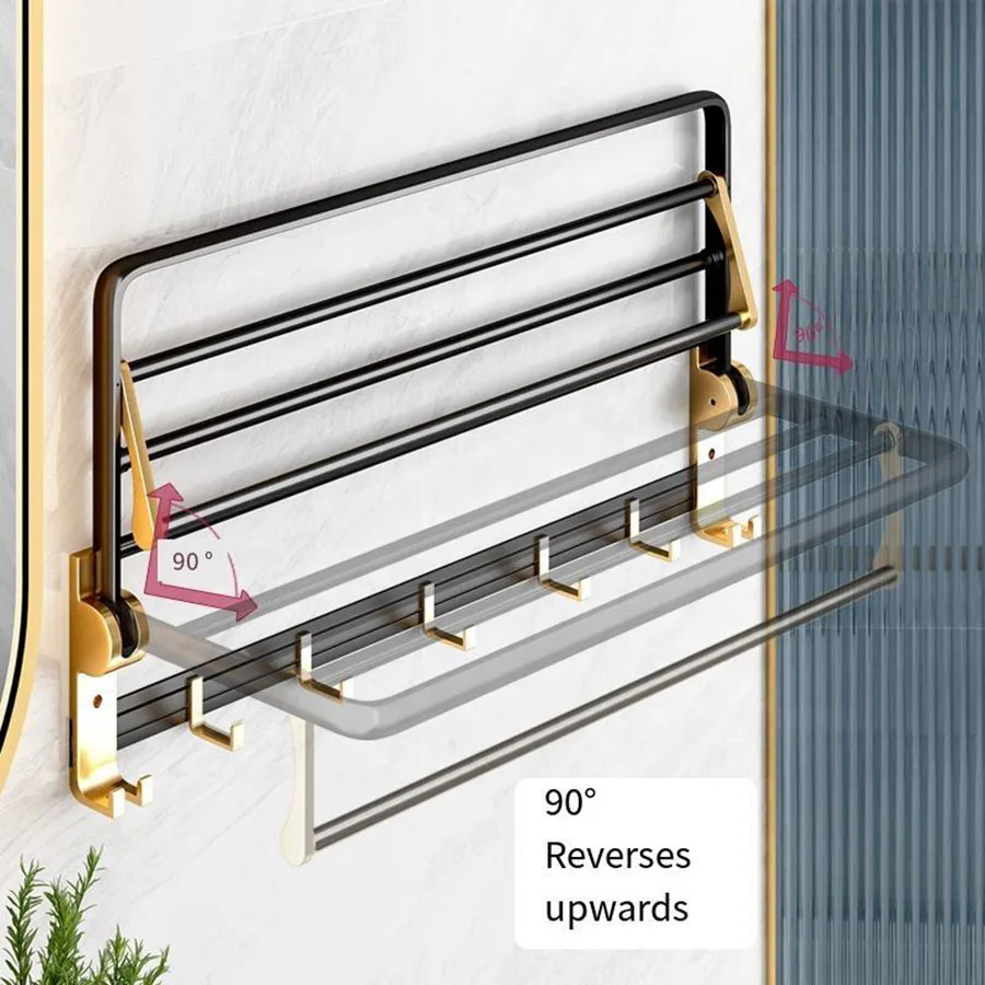 Aluminum Folding Storage Rack Hardware Accessories Set Black and Gold Towel Rack Shelf Bathroom Products