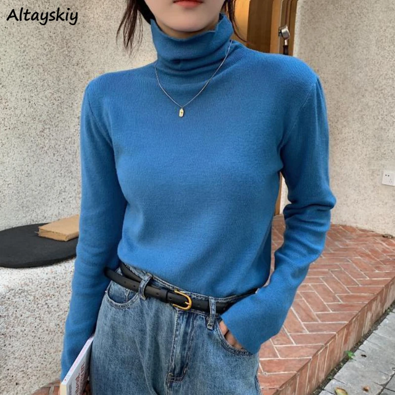 

Pullovers Women Slim Inner Simple Turtleneck Knitwear Temper Harajuku Fashion All-match Mujer Gentle Slouchy Ulzzang Chic Autumn