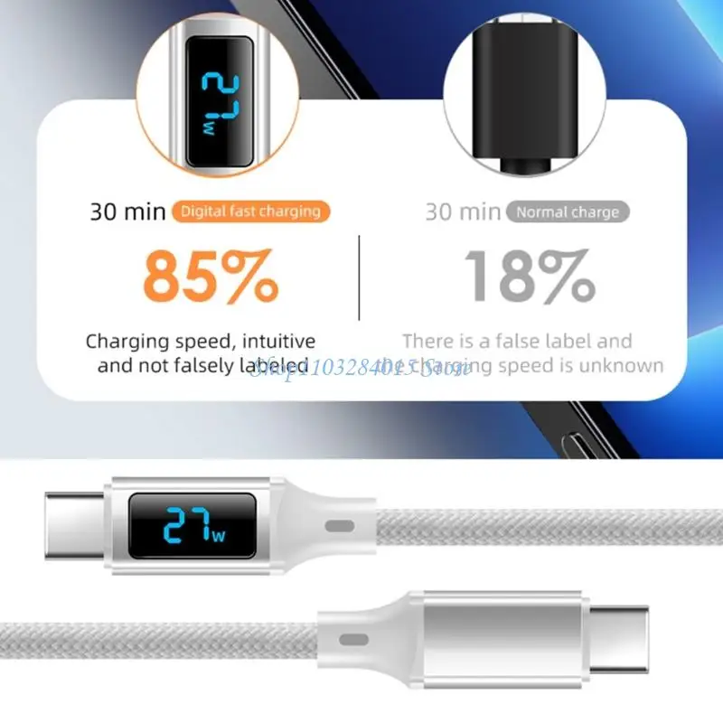 R6FF Double Type C Charging Cable 60W Quick Builtin Power Display Reinforced Connector 480Mbps 60W Type Cable