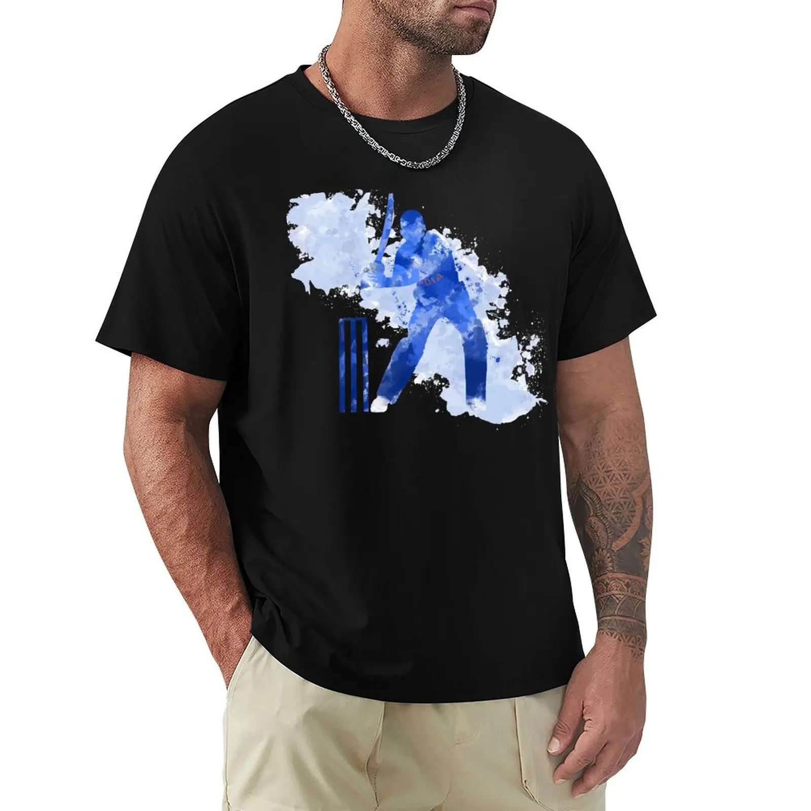 INDIA CRICKET - BATSMAN watercolour splatters T-Shirt cotton t shirts high quality T-Shirt