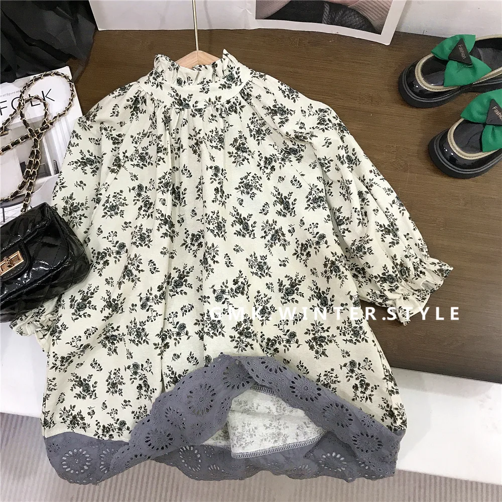 2026 Spring Retro Children Girls Dress Cotton Floral Printed Spliced Hem Babys Girls Dress 1-8Y Kids Girl Soft Long Sleeve Dress