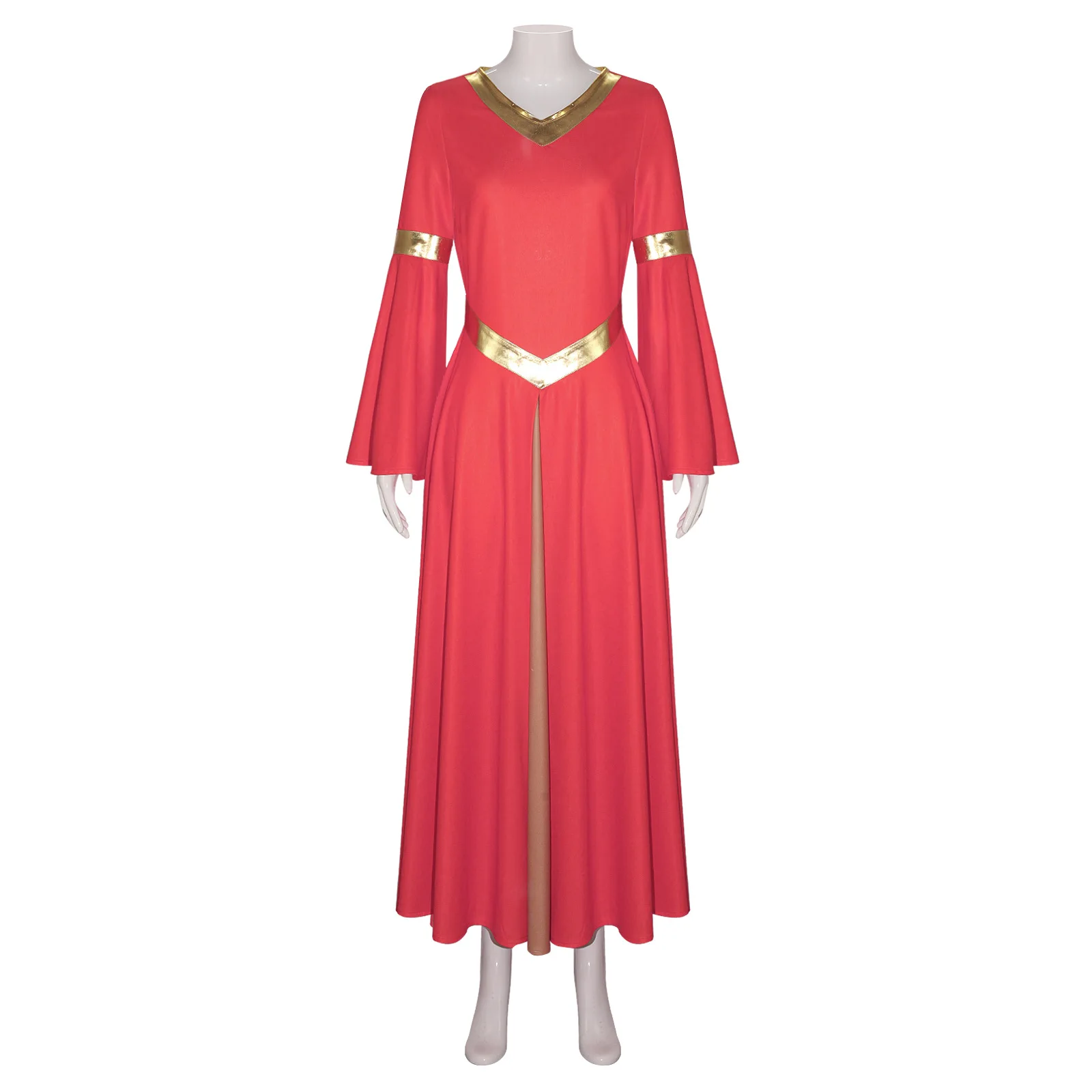 Women's Phnom Penh V-neck Praise Dance Costume Cosplay Halloween Stage Costume Horn Long Sleeve Church Dress