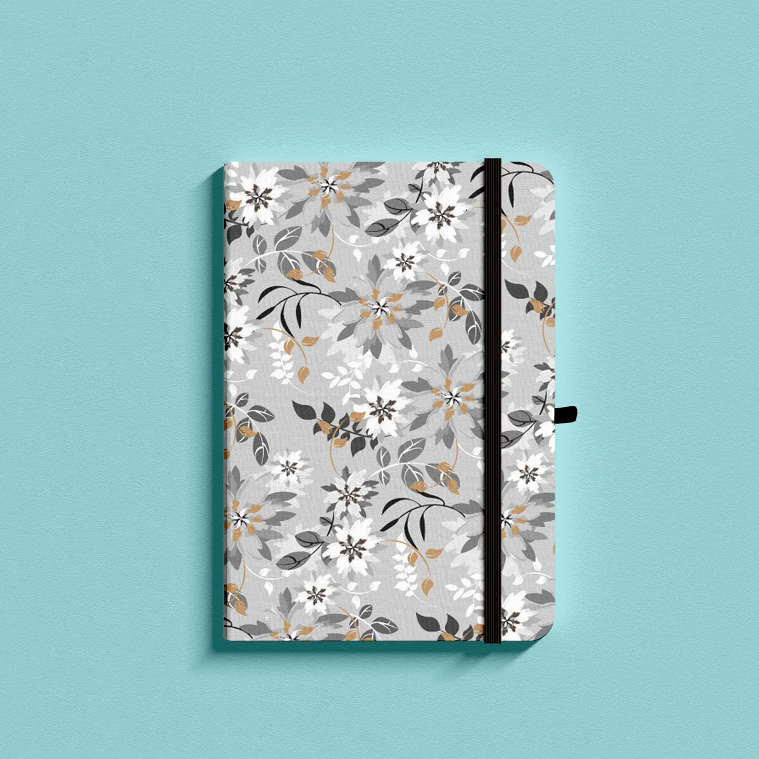 A5 Grey Flowers Dotted Grid Bullet Notebook Travel Journal Hardcover Elastic Band Planner Diary