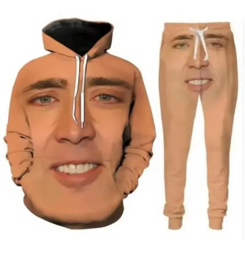 

New Men/Women Face of Nicolas Cage 3D Printed Tracksuits Long Sleeve Fashion Sweatshirt Hoodies + Sport Long Pants