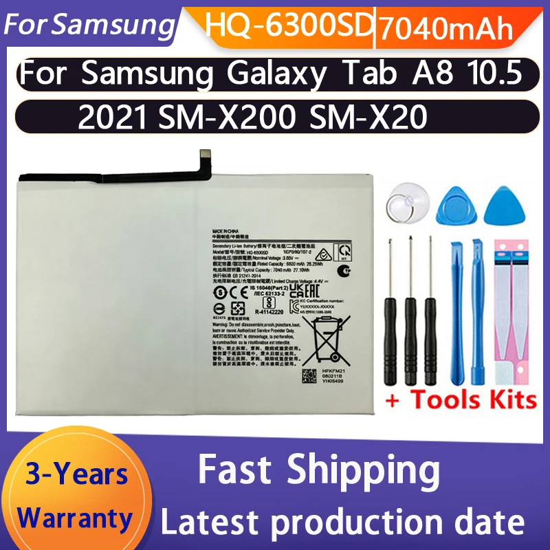 100% HQ-6300SD/NA 3.85V Tablet Battery 7040mAh For Samsung Galaxy Tab A8 10.5 2021 SM-X200 SM-X205 Replacement Batteries+Tools