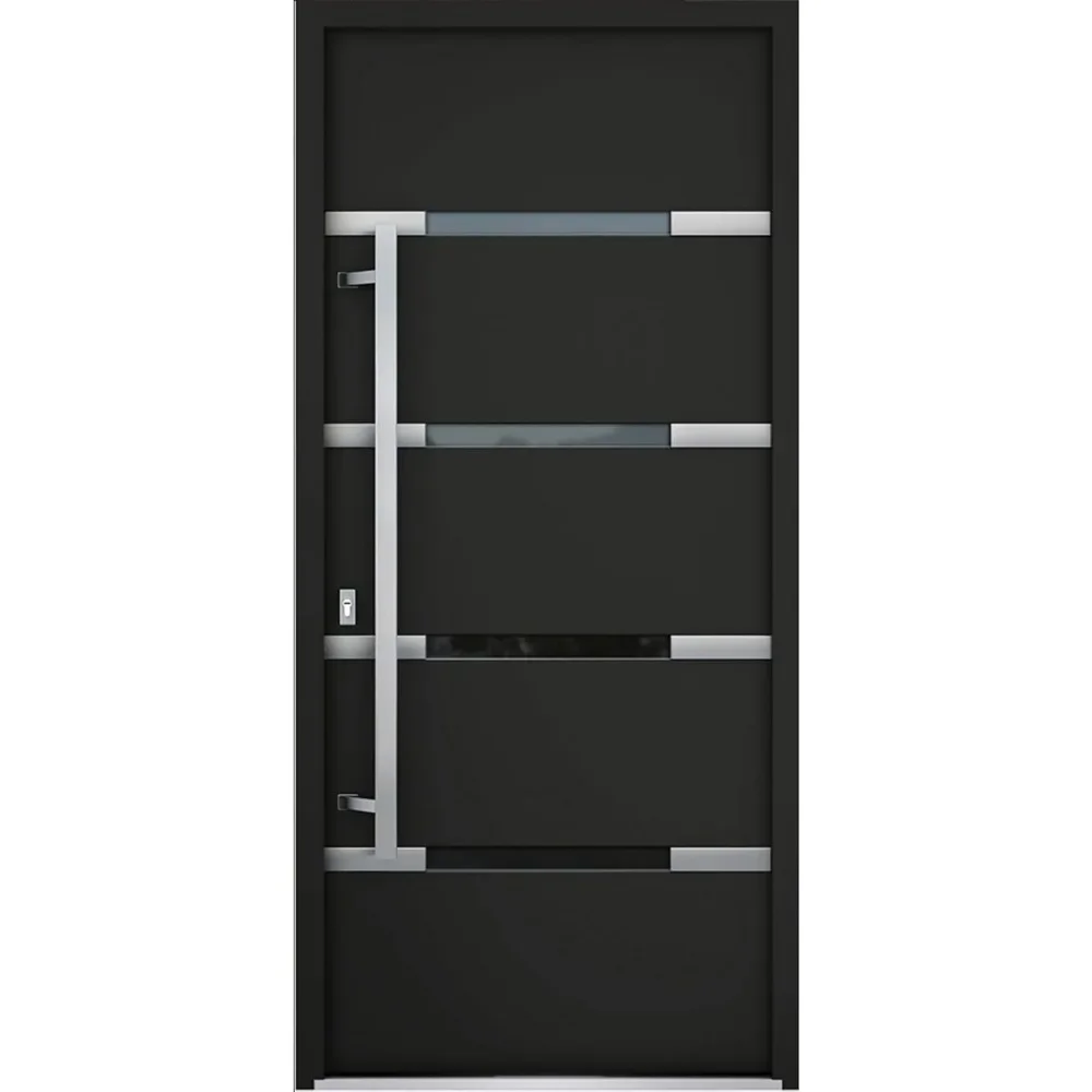 Front Exterior Prehung Steel Door，Black Enamel，Stainless Inserts Entry Metal Modern Painted W36 x H80 Right Hand Inswing