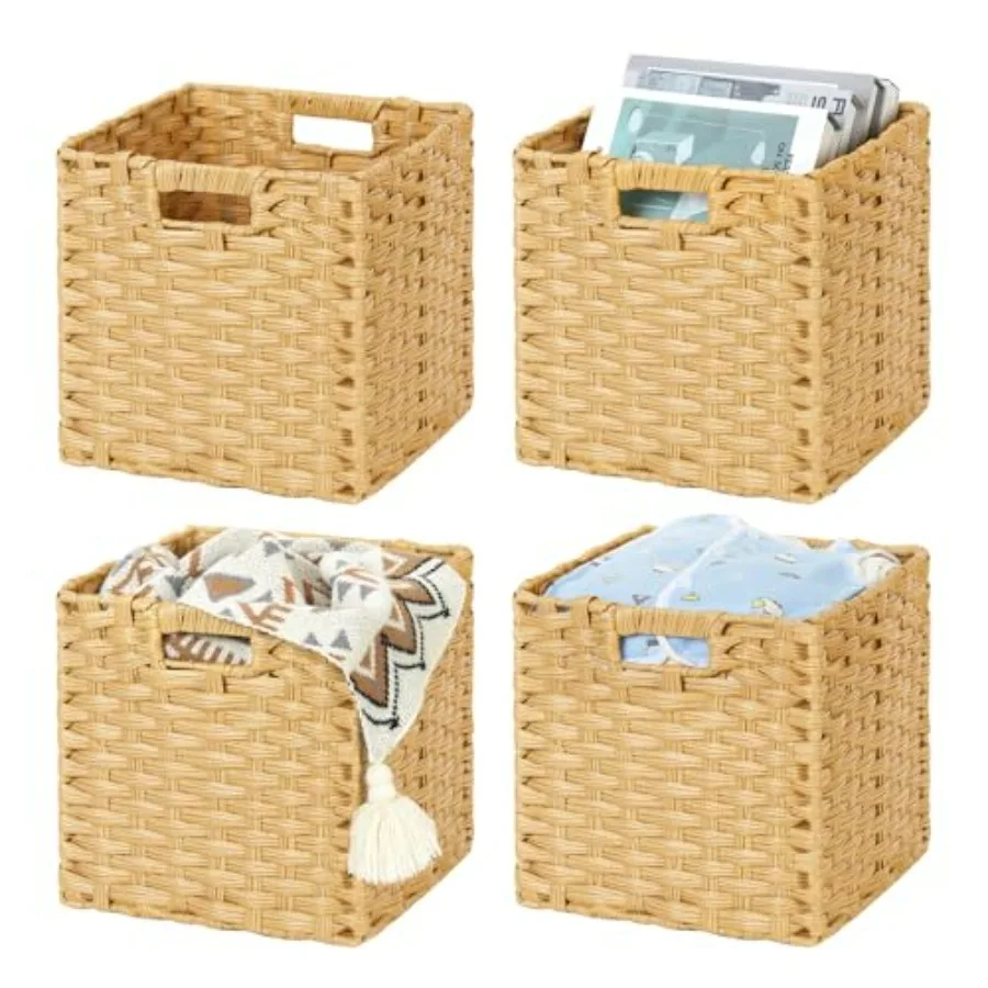 

11 Inch Wicker Storage Cube Set with Handles for Organizing Shelves Natural Set of 4