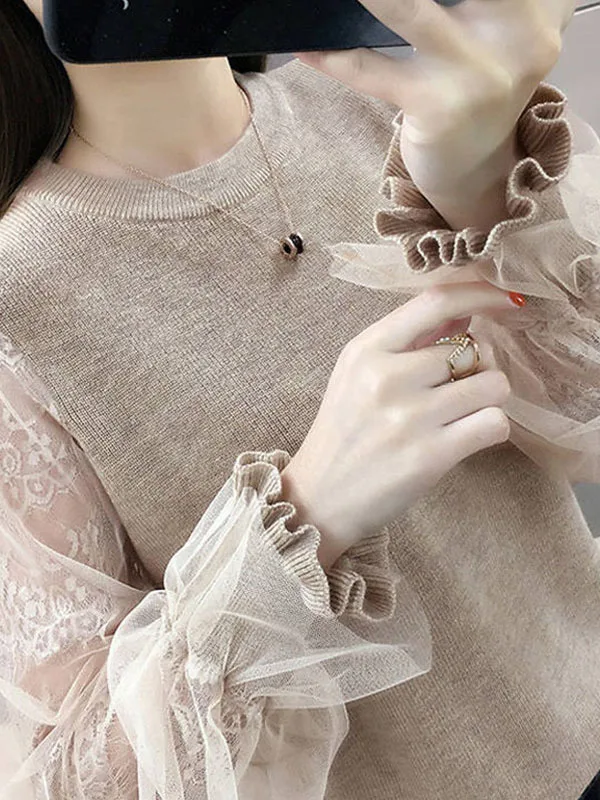 Korean Style Lace Knitted Sweater with Lantern Sleeves Base Layer Mesh Top Women's Autumn Winter Overhead Shirt