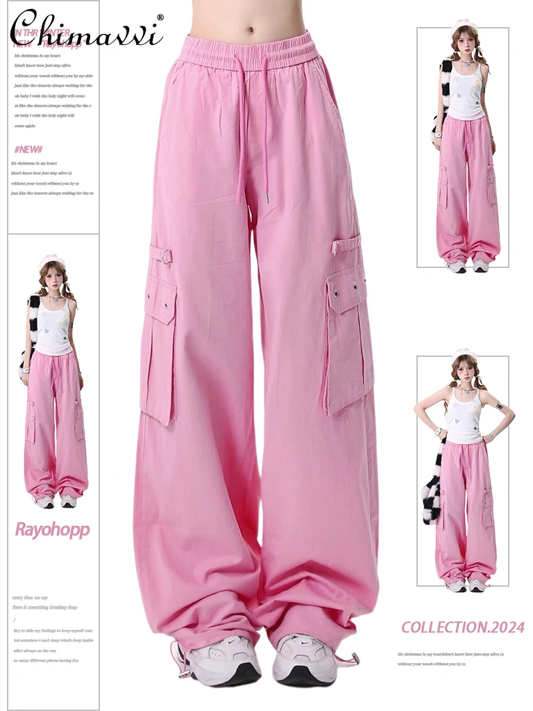 

Girly Style Pink Overalls Women's Autumn Fashion Streetwear Three-Dimensional Pocket Retro Sweet Ladies Straight-Leg Pants