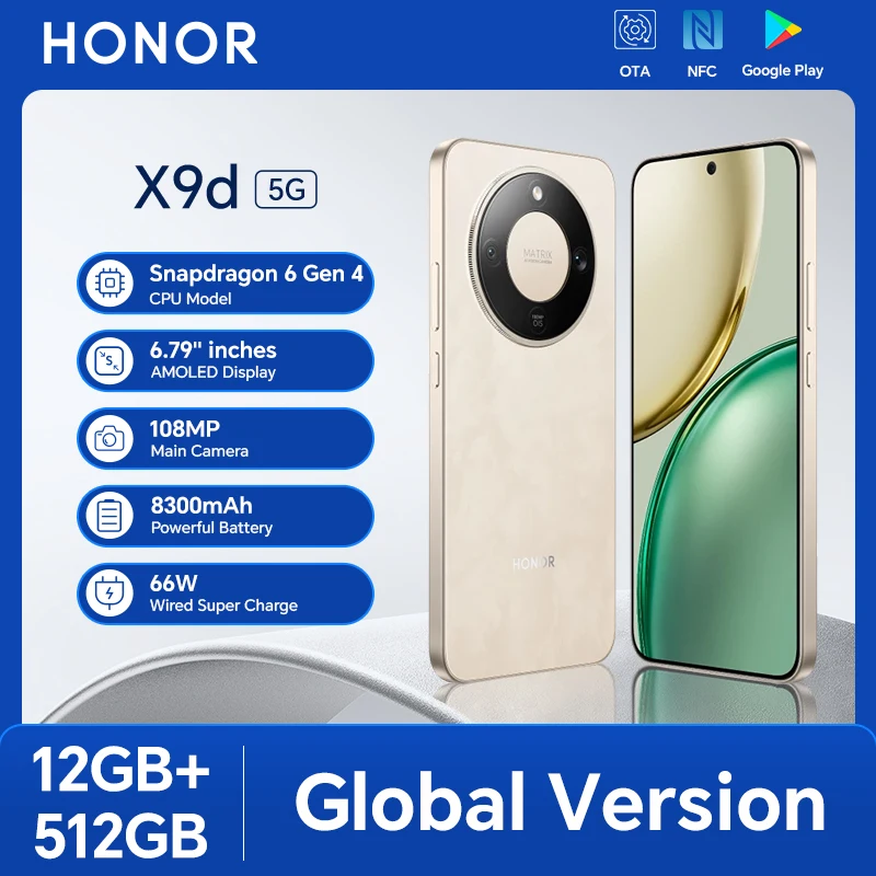 HONOR X9d 12GB+512GB Global Version 5G Smartphone 6.79'' 120Hz AMOLED Screen 108MP AI Main Camera 8300 mAh 66W Supercharging