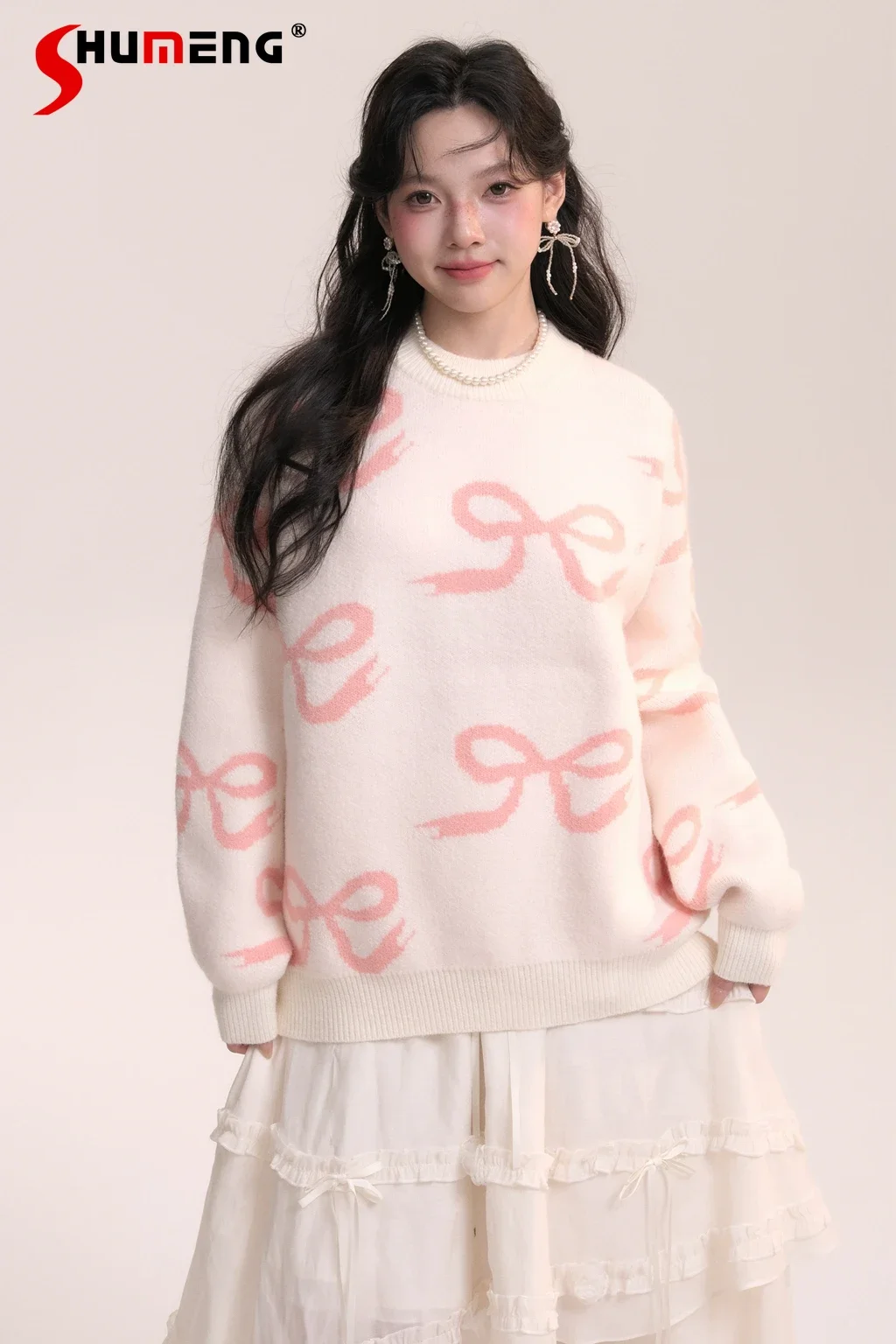 

Japanese Sweet Cute Y2k Clothes Knitted Top Round Neck Long Sleeve Embroidered Bow Loose Casual Pullover Sweater Women Autumn