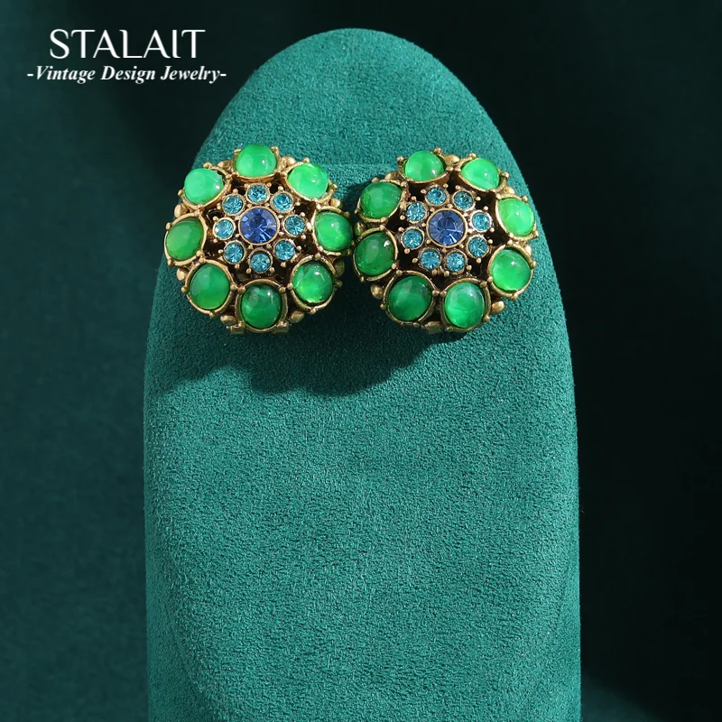 

Vintage Crystal Round Oval Green Glazed Petal Stud Earrings for Women Flower Accessories Antique Jewelry New Arrival Korean 2025