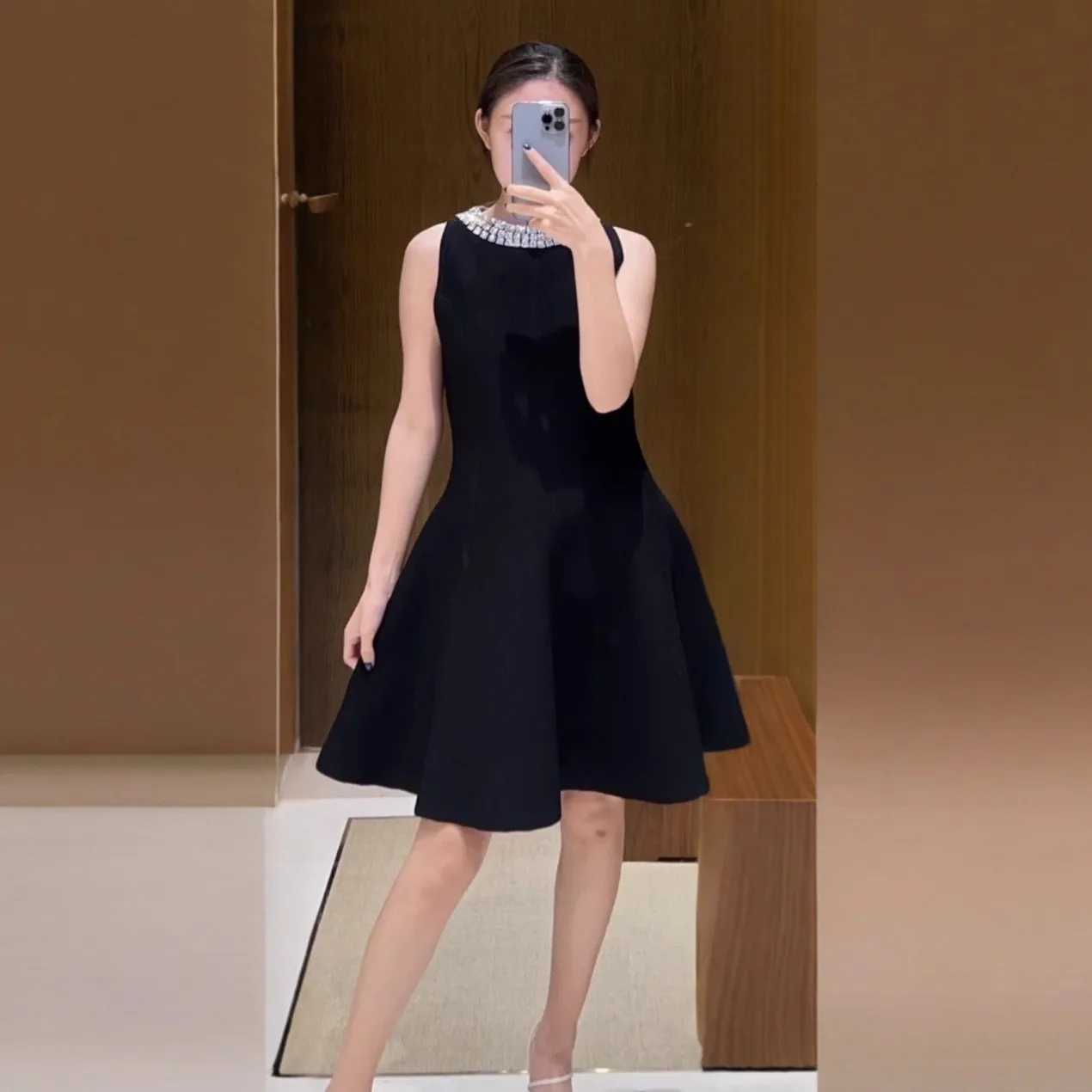 High-End Knitted Bla  Dr French Sle Diamond Embellied Svel Women's Faion Ci Commute A-Line Silhouette