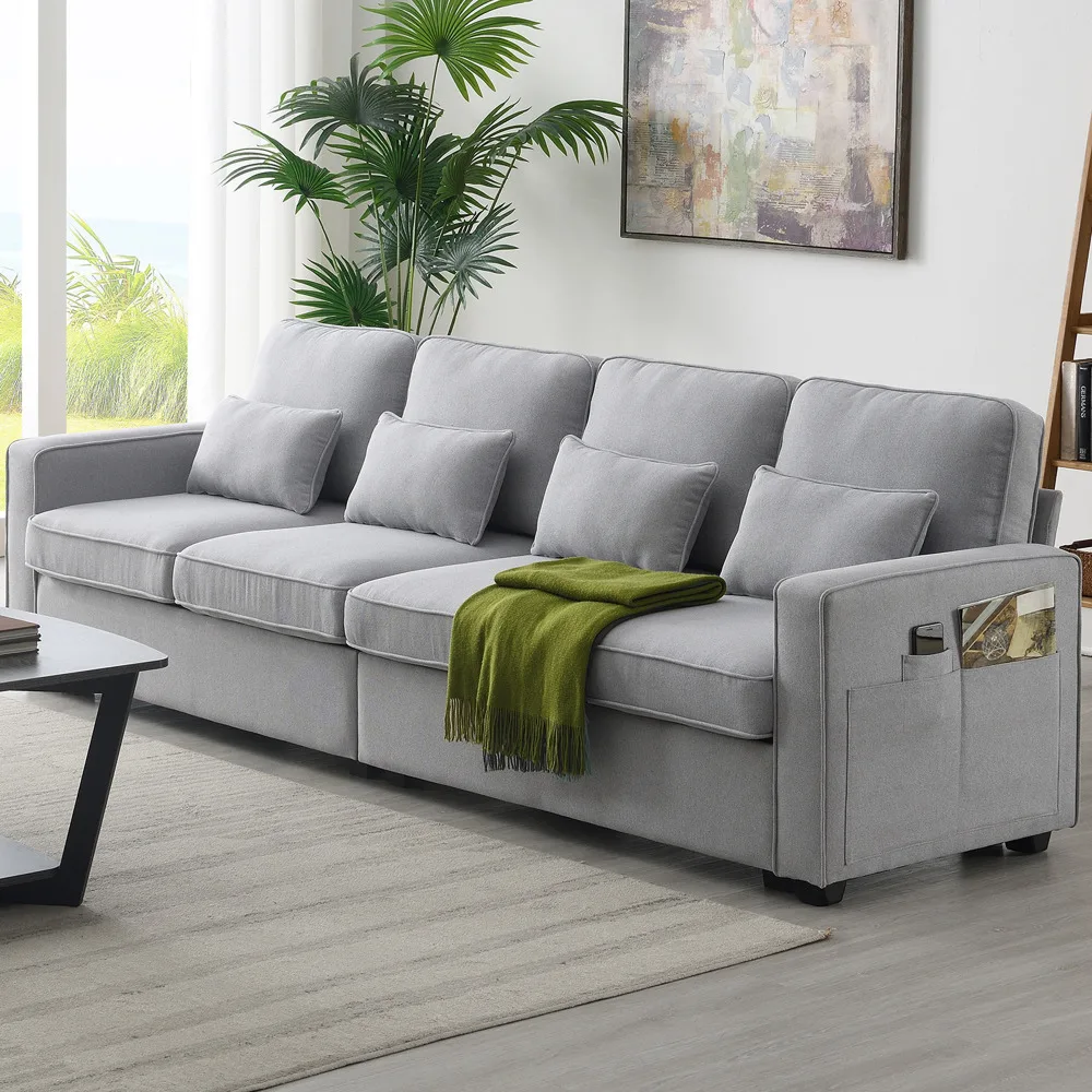 

[VIDEO provided] [New] 104" 4-Seater Modern Linen Fabric Sofa with Armrest Pockets and 4 Pillows,Minimalist Style Couch for Livi