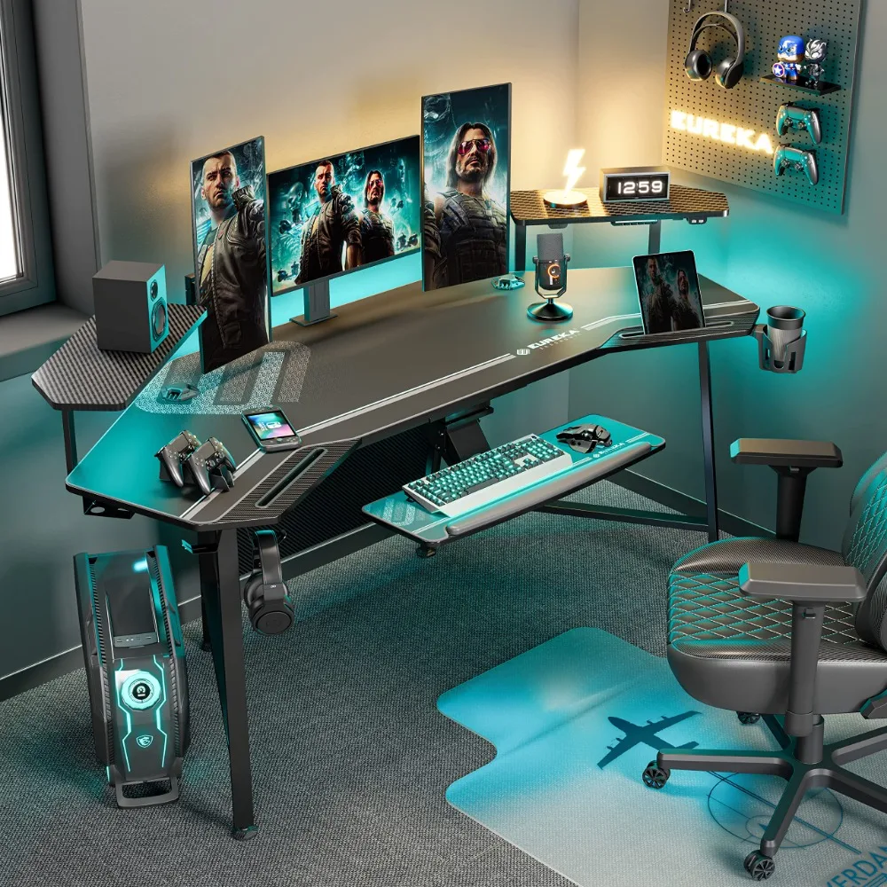 2024 New Gaming Desk with Led Lights, 72" Large Wing-Shaped Studio Desk W Keyboard Tray Monitor Stand