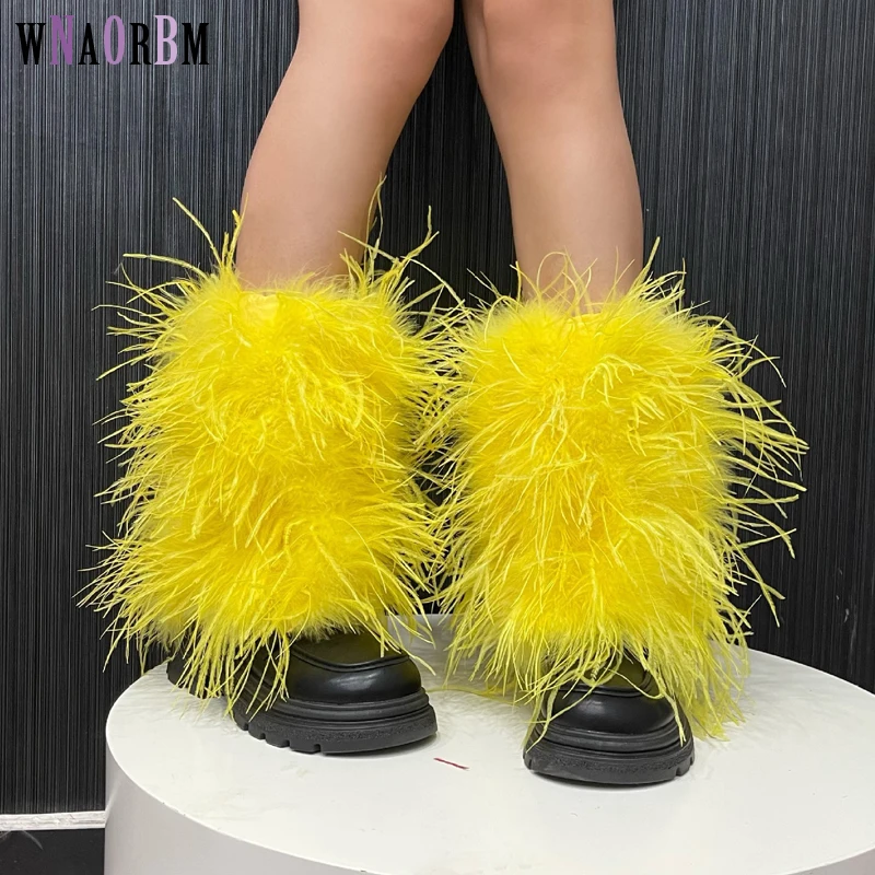 

New 100% real ostrich feather leg guard, length 27cm, women's socks, spicy girl fur boots, punk knee high hip-hop socks