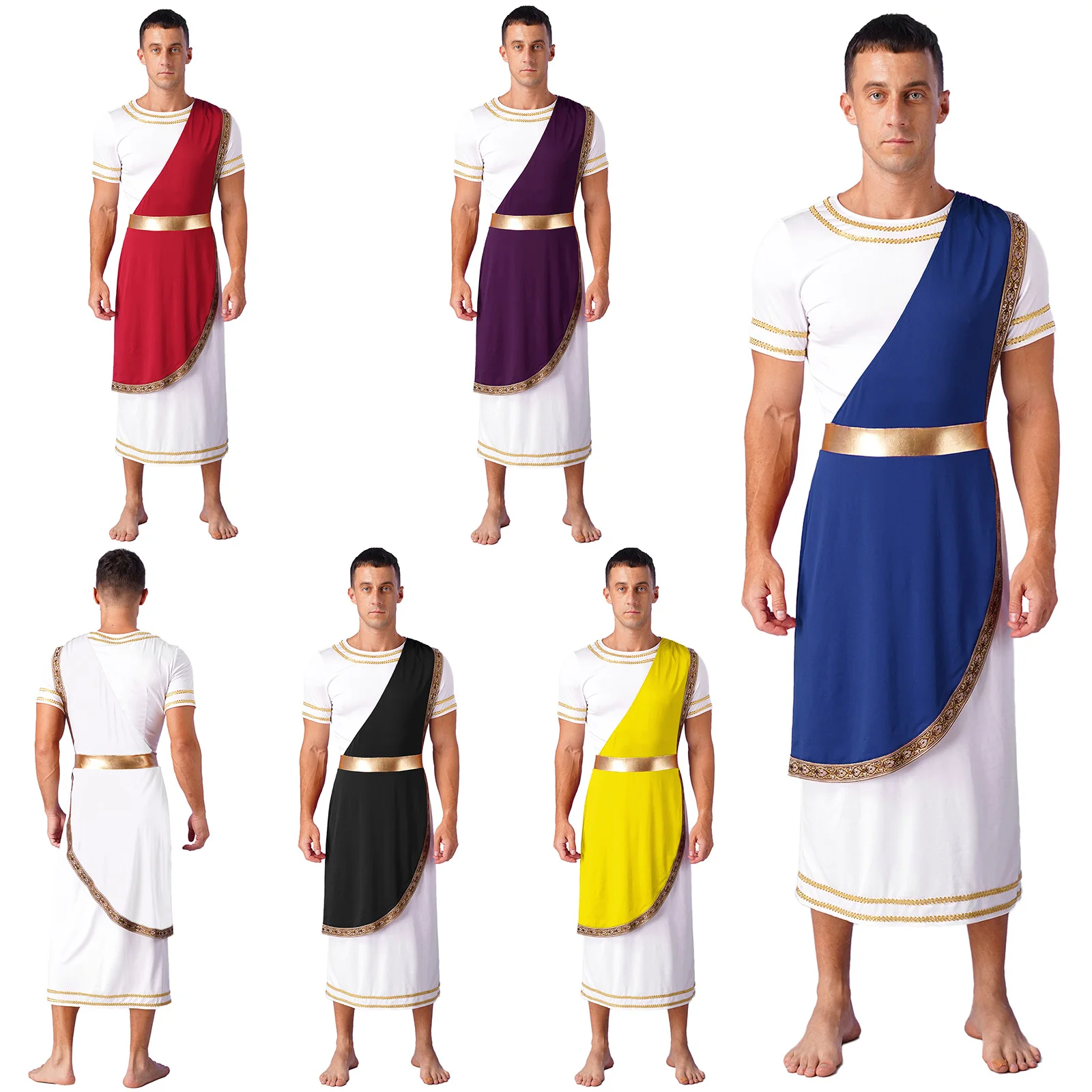 Uomo antico greco romano Toga Halloween Costume Cosplay maniche corte oro abito lungo carnevale festa a tema abiti fantasia