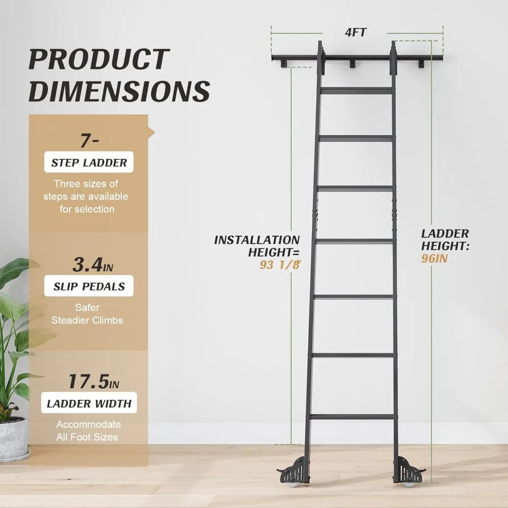 Aluminium 8-Foot Rolling Library Ladder with 4-Foot Sliding Hardware Track and Bottom Wheels for Kitchen and Loft Use