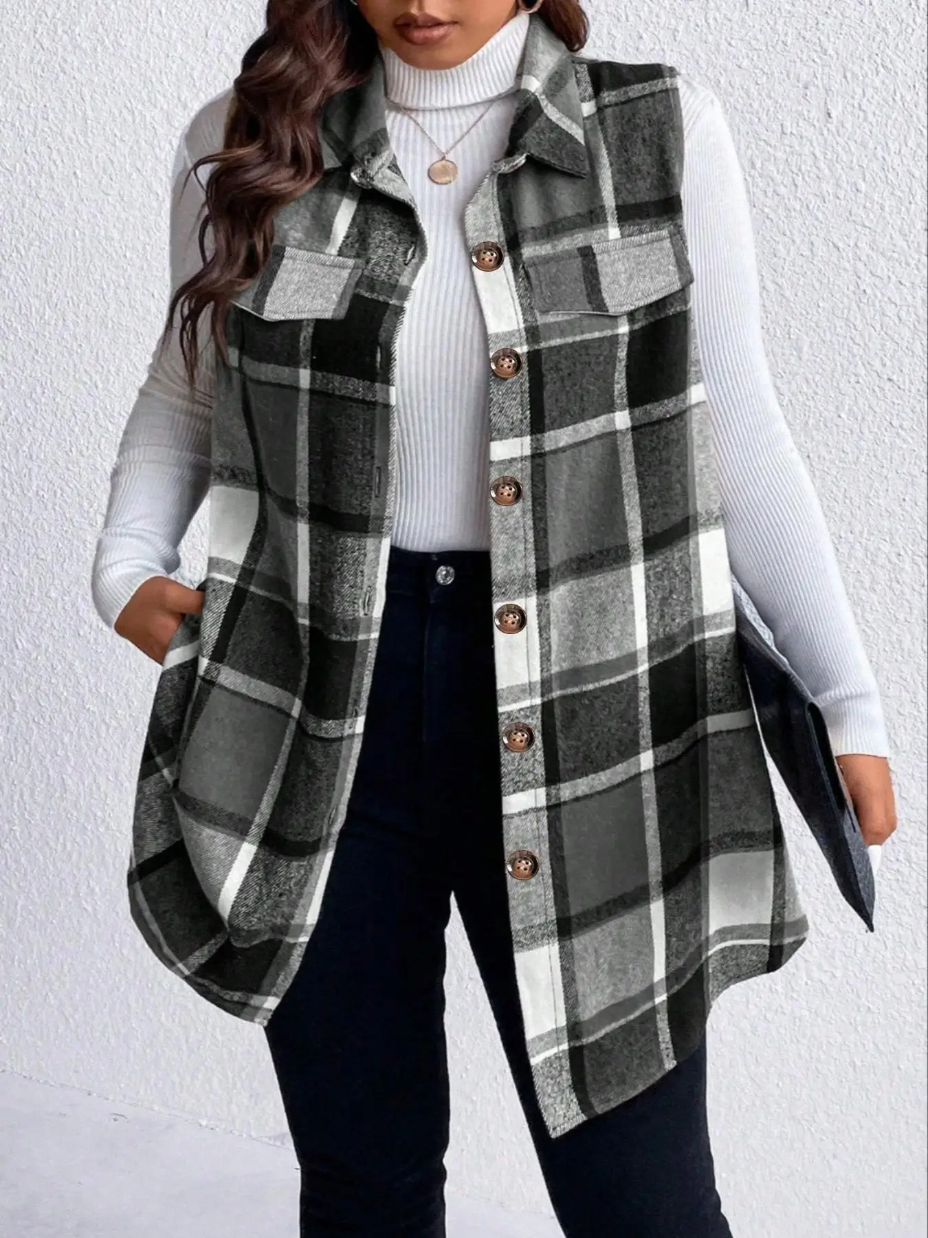 Women Plus Size 1XL-5XL Plaid Print Flap Detail Sleeveless Coat Ladies Fashion Sleeveless Thick Thermal Vest Women Outwear