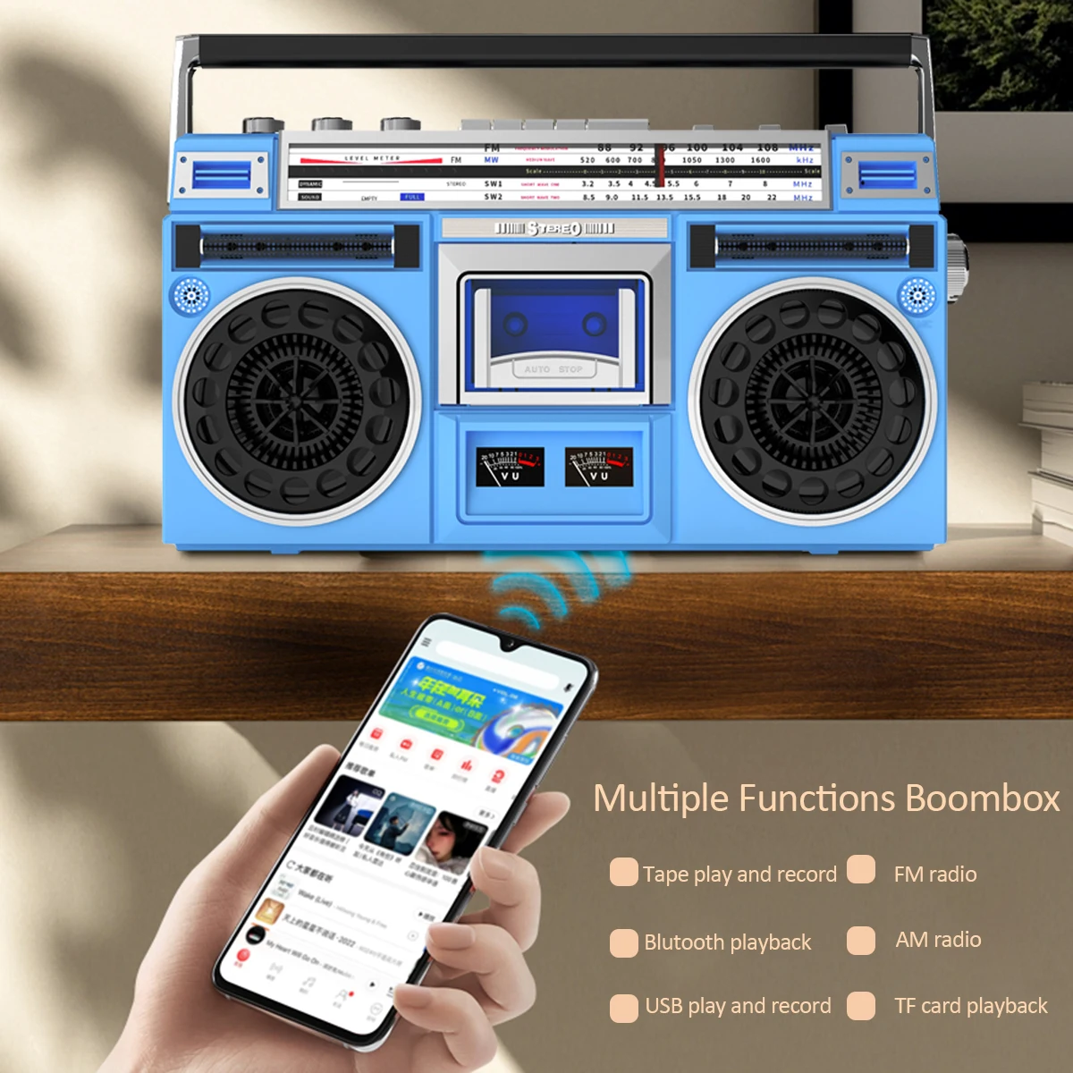 Boombox-Enregistreur de lecteur de cassette radio, diffusion sans fil, USB, emplacements Micro SD, conversion de cassettes en USB, AM, FM, SW1, SW2