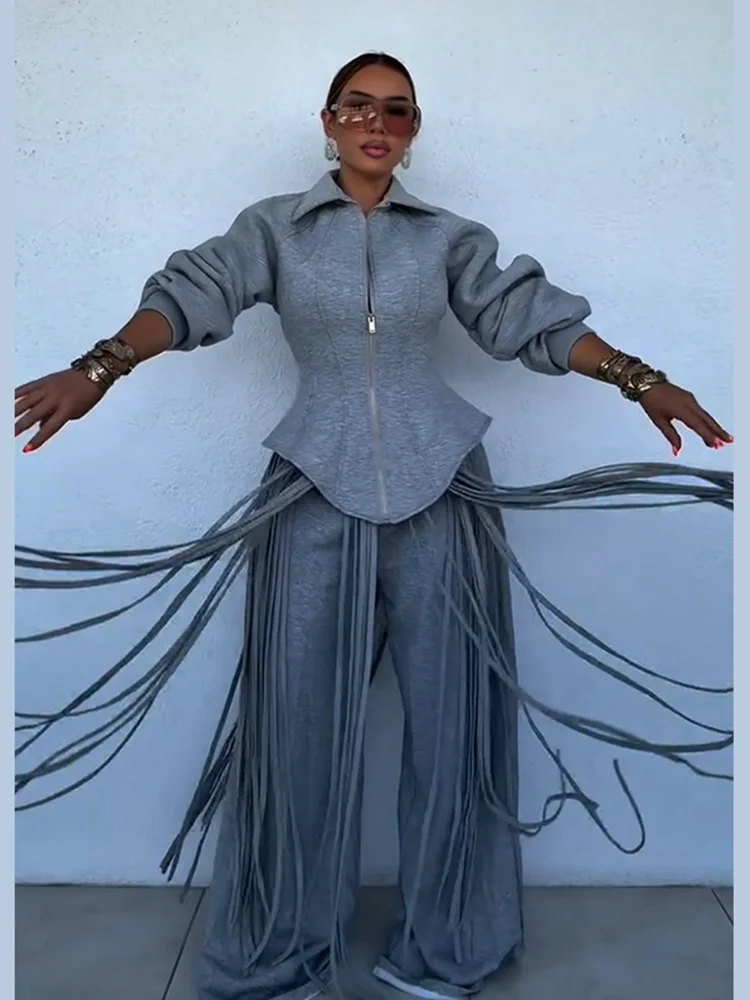 2026 Autumn Fashion Tassels Hem Women's Coat Trouser Suit Long Sleeve Waist-Closed Turn-Down Collar Wide Leg Pant Chic Lady New