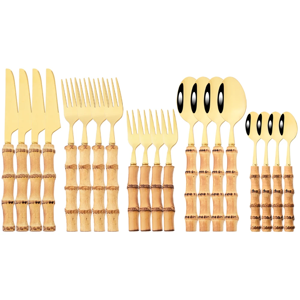 

20Pcs Gold Knife Cake Fork Coffee Spoon Dinnerware Set Bamboo Handle Cutlery Set 304 Stainless Steel Tableware Western Flatware