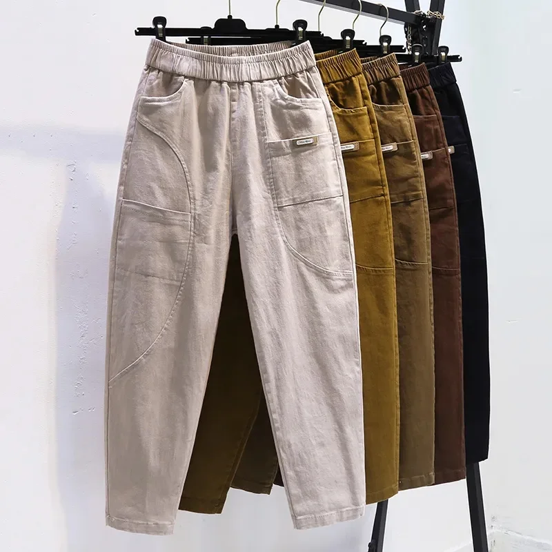 

2024 Washed Cotton Casual Pants Women's Spring Autumn Wide-leg Harem Trousers Lady Elastic Waist Comfy Loose Ankle-Length Pants