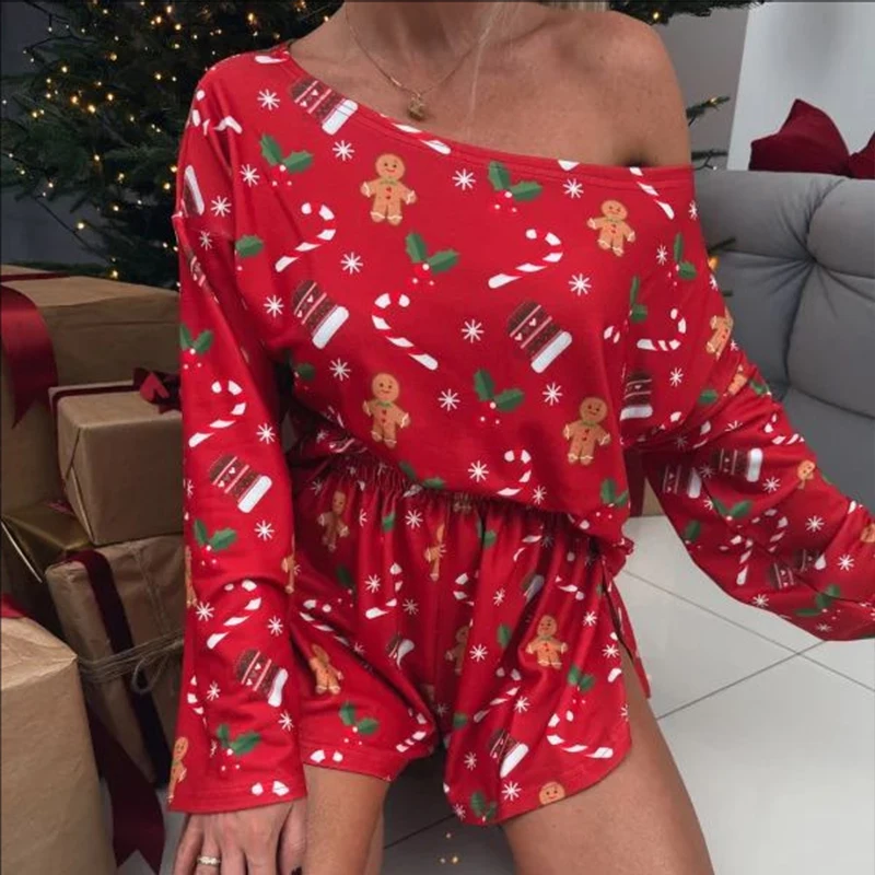 Women Slanted Collar Long Sleeved Top and Shorts 2pc Set Casual Festival Party Outfit New Christmas Printed Loose Nightgown Suit