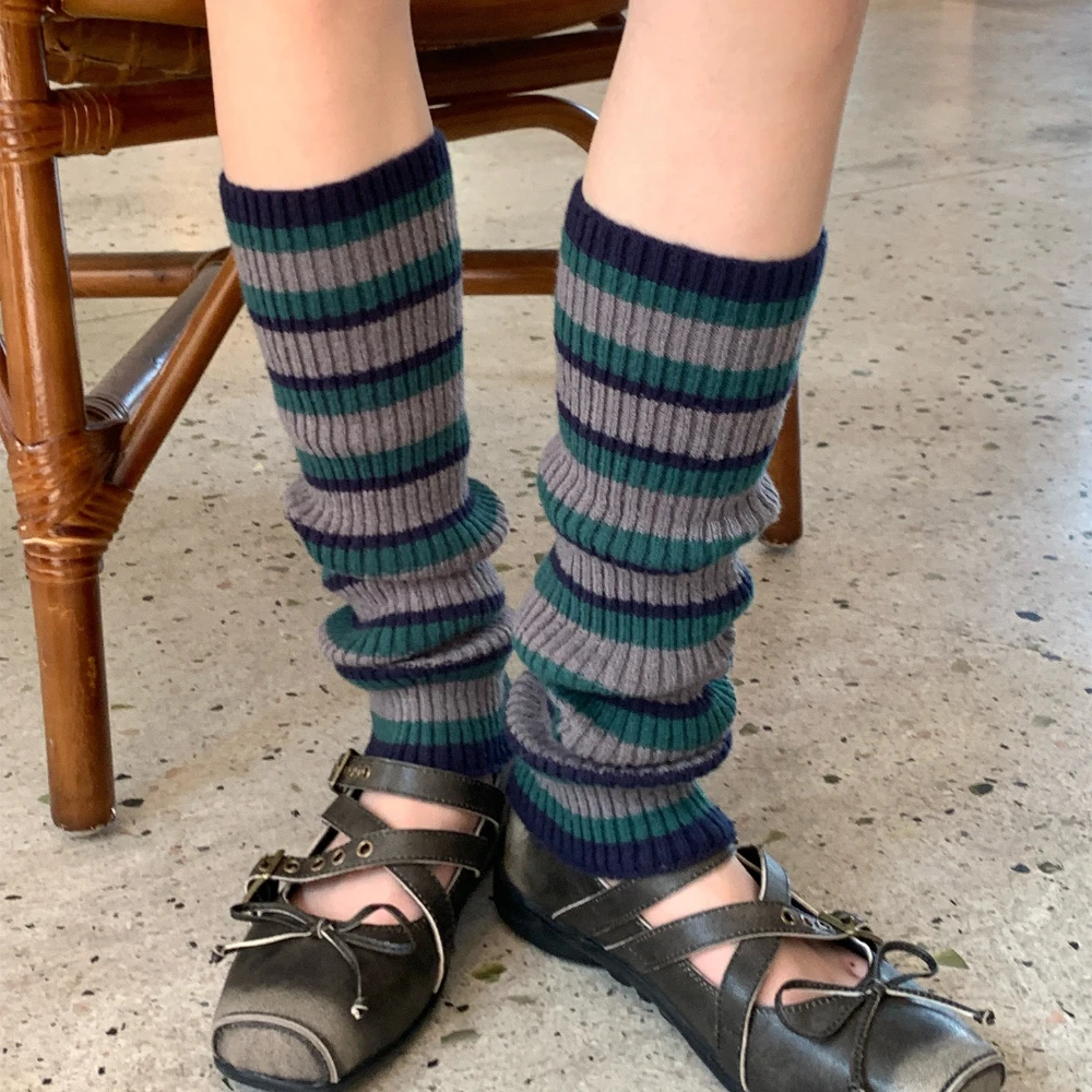 Retro Color Block Striped Knit Slouch Socks Y2K Korean Ins Academy Women Leg Warmers Outdoor Shopping Daily Warm Leg Sleeves
