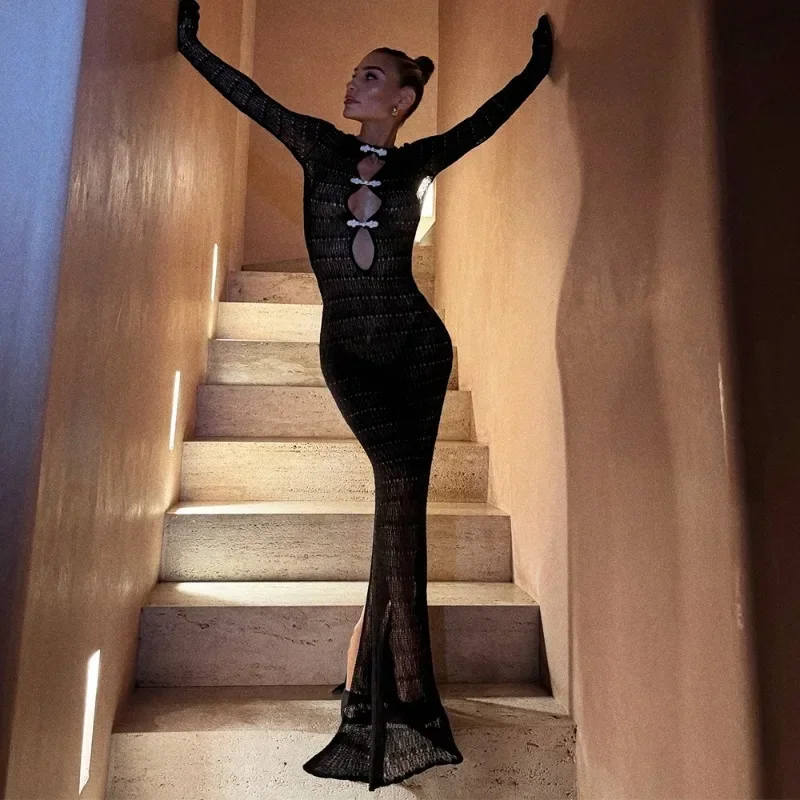 중공 쉬어 맥시 드레스 여성의 섹시한 백 레이스 업 슬릿 리조트 드레스 하이 웨이스트 파티 이브닝 ​​가운 가운 Vestidos Y2k