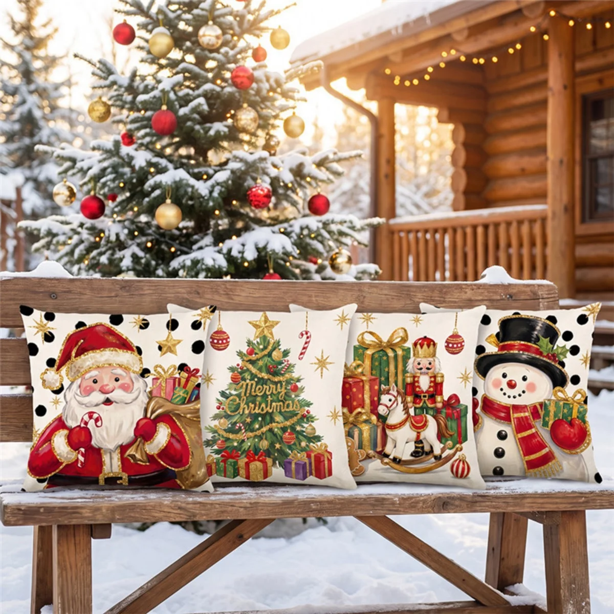 Golden Santa Christmas 4Pcs Throw Pillow Covers, Home Decor Cushion Cases for Sofa Bedroom