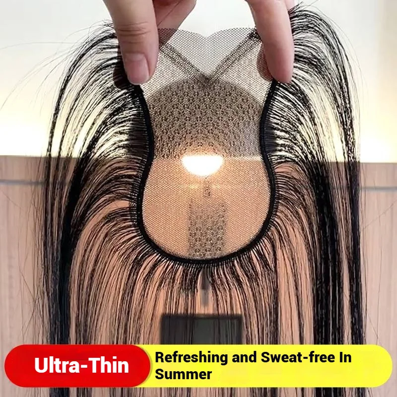 8x11cm Ultra-Thin Lace Human Hair Toppers for Women Fluffy Fringe Bangs Baby Hair Clip-In Hairpieces Extension Cover Grey Hair