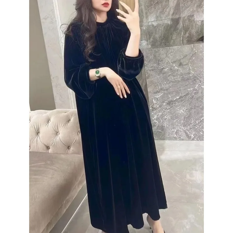 Autumn Long Sleeve Canary Velvet Dresses Extra Large Size 150kg Loose Cover One's Belly Look Slimmer Inner Cloth Long Base Dress